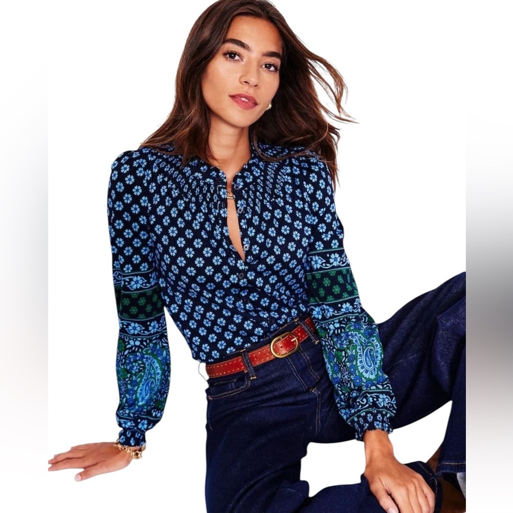 Boden Blue and Green Patterned Blouse